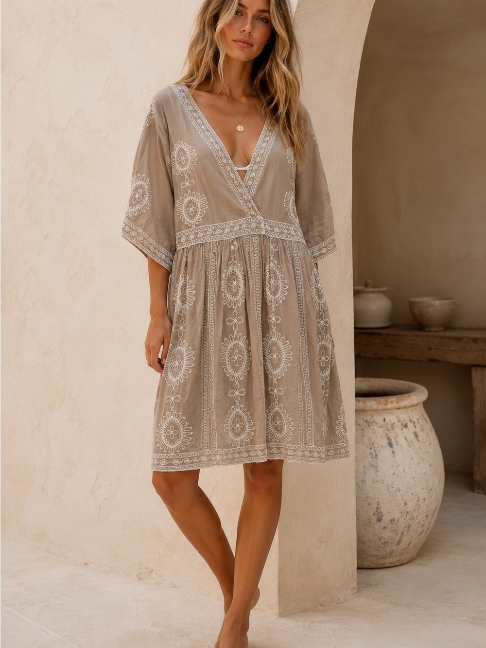Solitaire Swim Embroidered Cover Up Dress Medium Taupe Beige Boho Beach Resort M